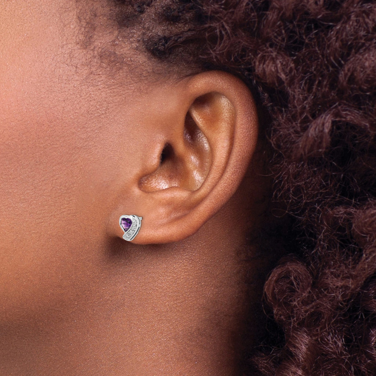 Amethyst & Diamond Heart Stud Earrings in Sterling Silver, 4mm (0.02 ct. tw.) - Sophia Jewelers