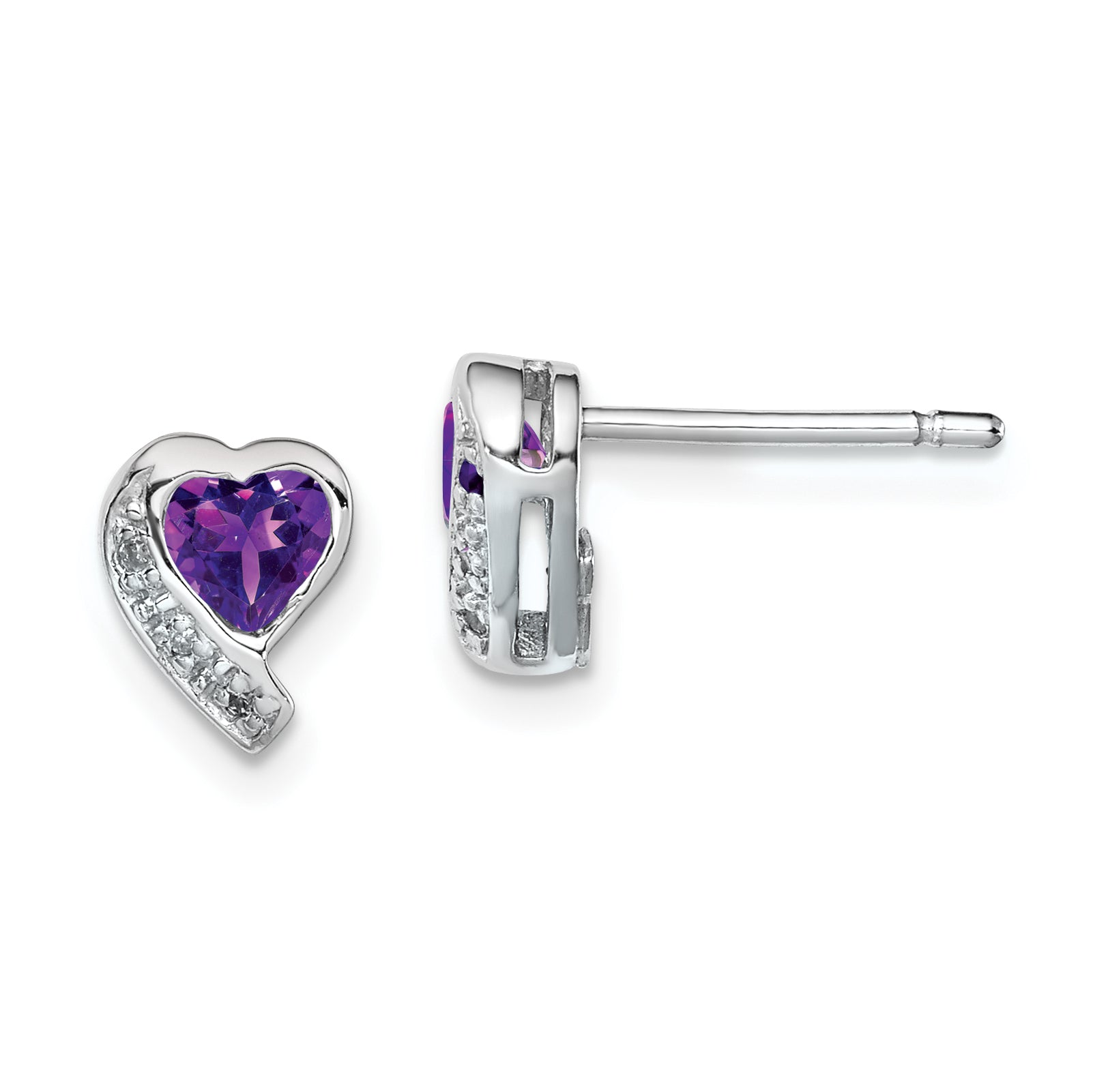 Sterling Silver Rhodium-plated Amethyst and Diamond Heart Earrings Main image