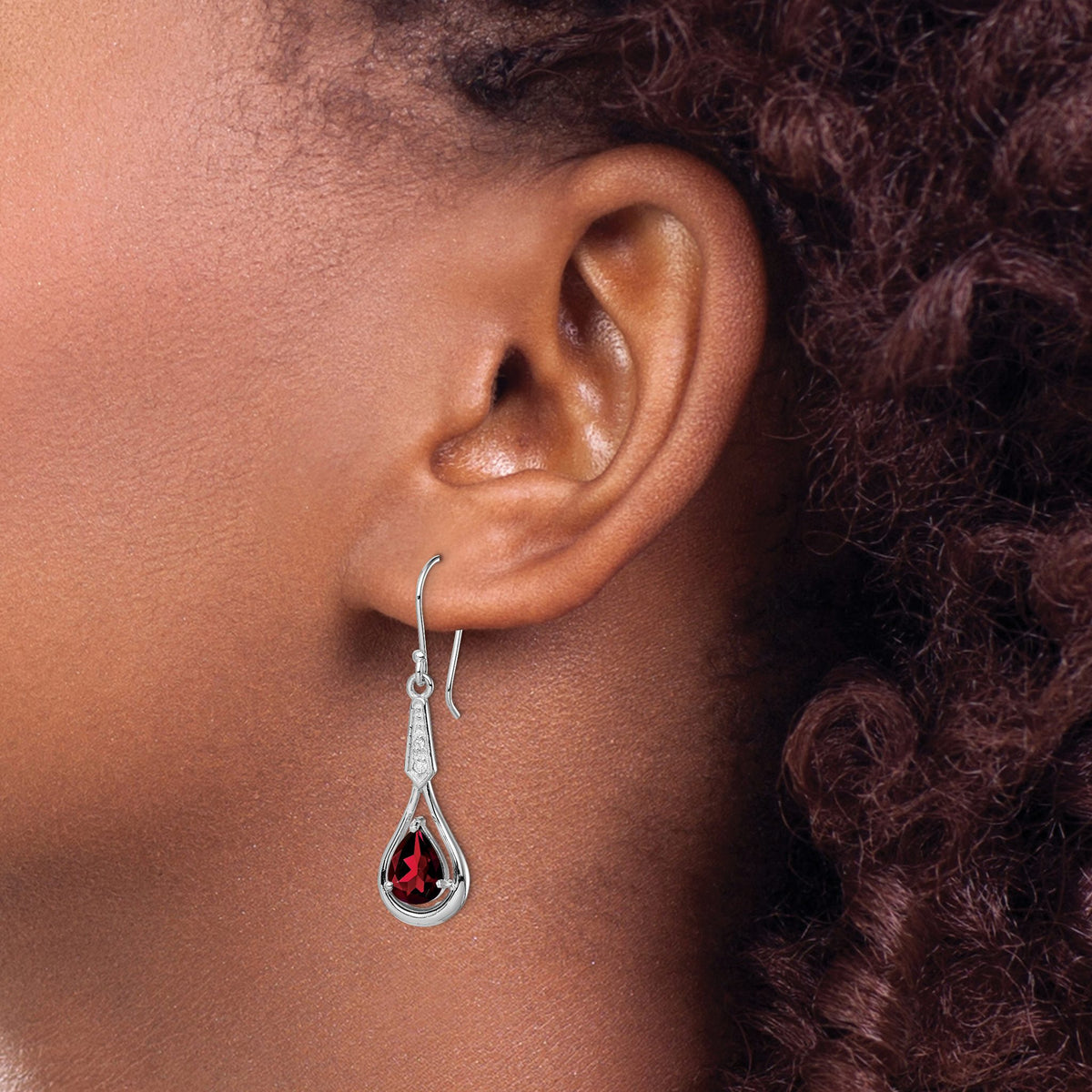 Cubic Zirconia & Garnet Shepherd Hook Dangle Earrings in Sterling Silver, 8x6mm - Sophia Jewelers
