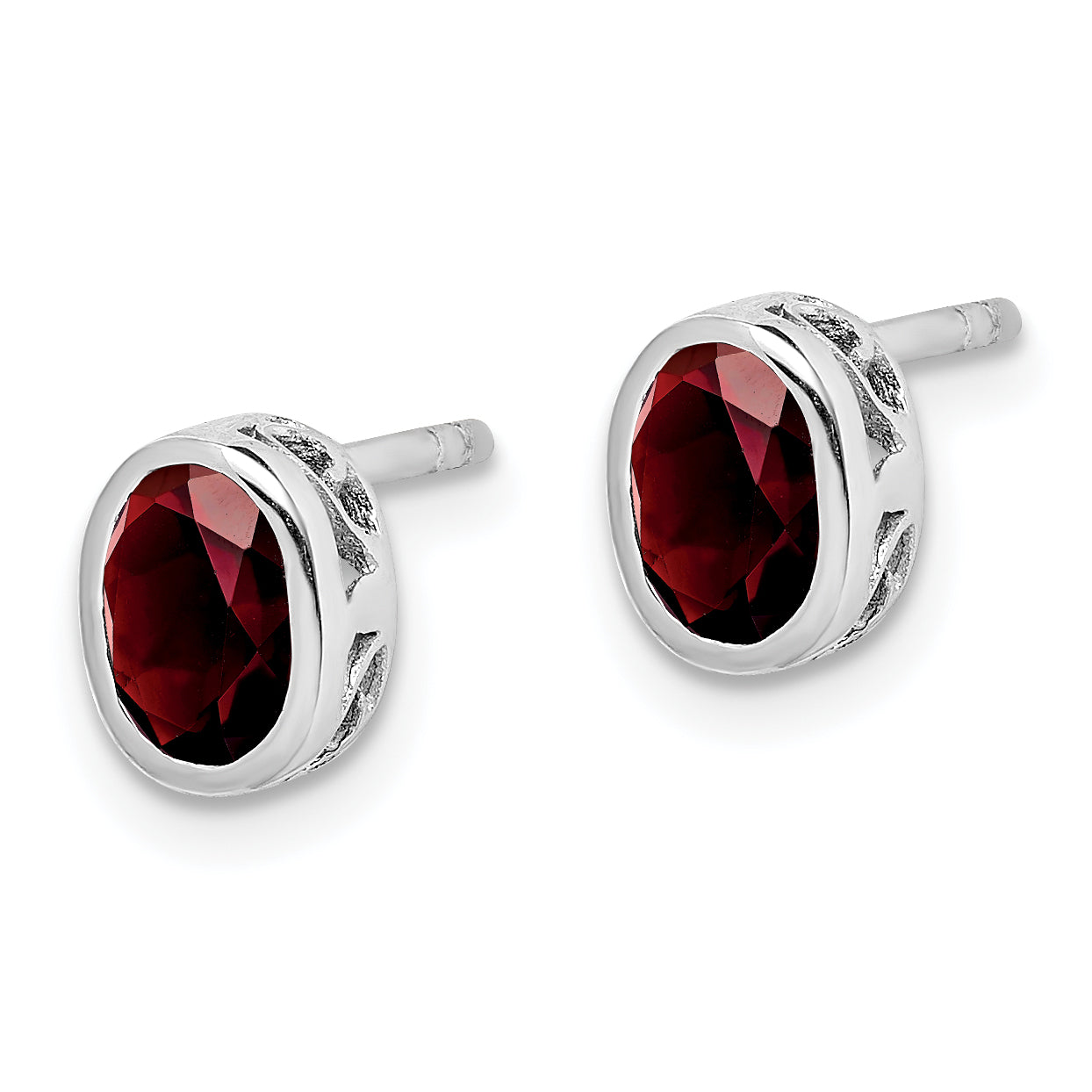 Sterling Silver Rhodium-plated Polished Garnet Oval Post Earrings Secondary image