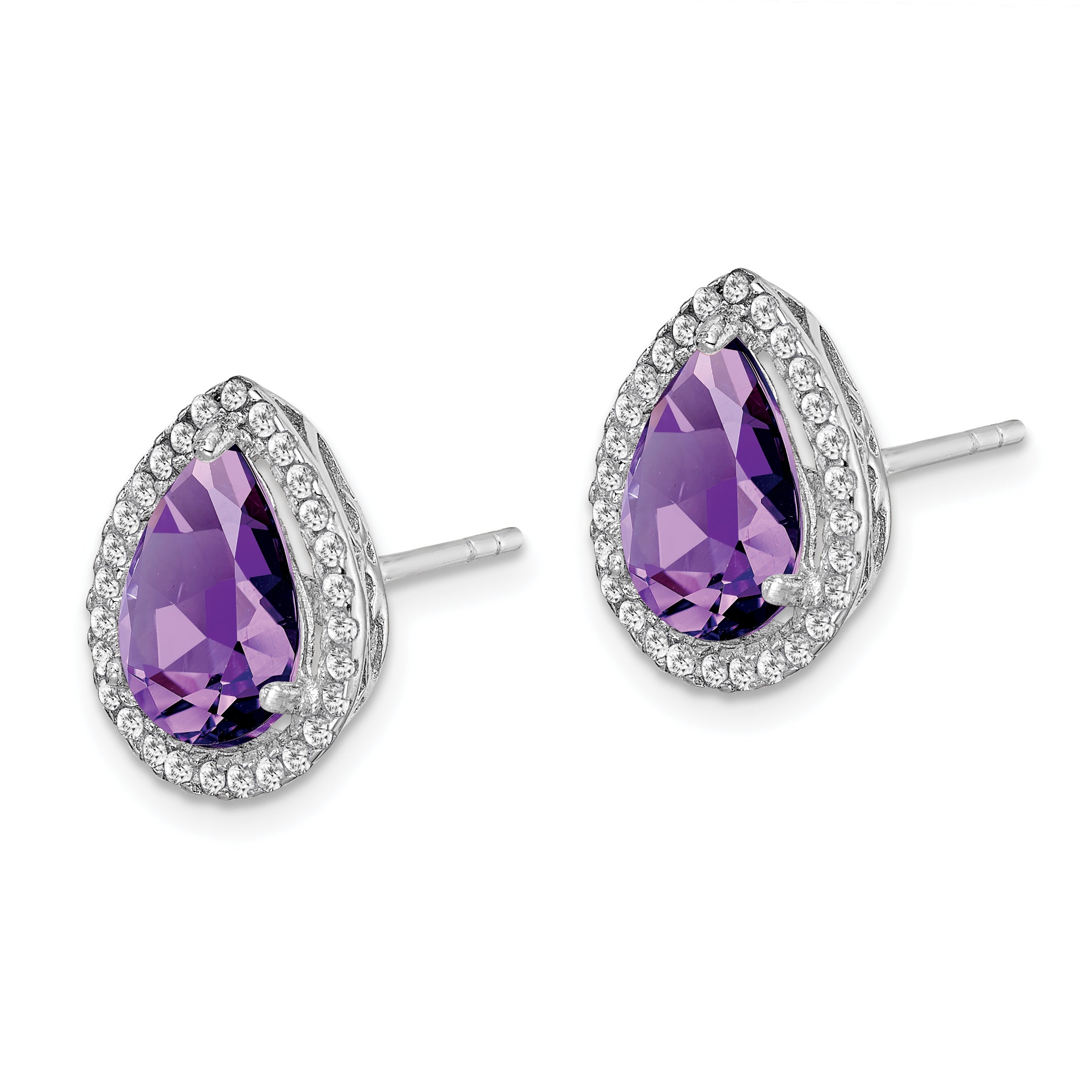 Sterling Silver Rhodium Polished Amethyst & CZ Post Earrings Secondary image