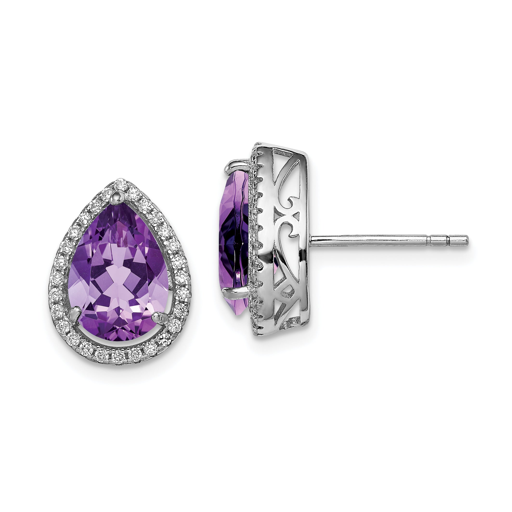 Sterling Silver Rhodium Polished Amethyst & CZ Post Earrings Main image