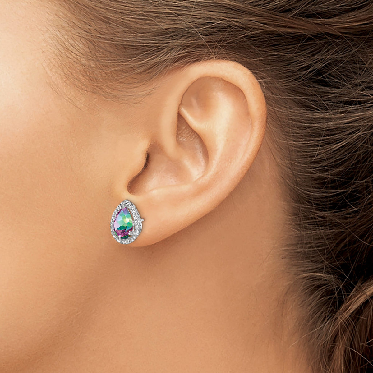 Sterling Silver Rhodium Polished Mystic Topaz & Cubic Zirconia Post Earrings