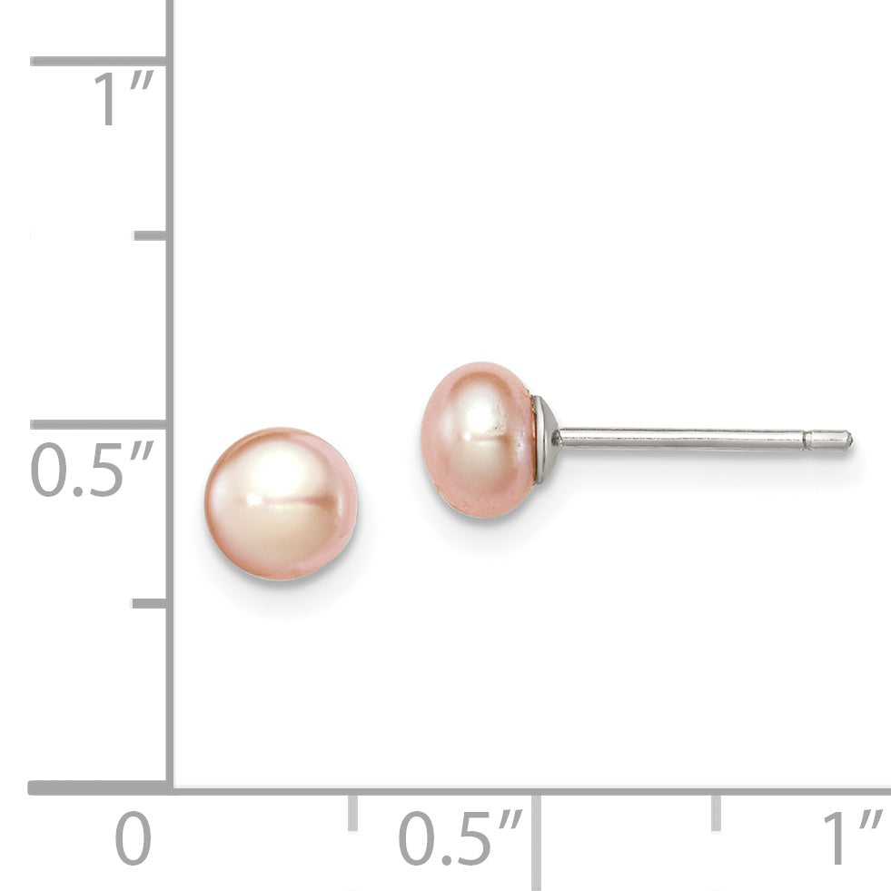 Sterling Silver Rhodium-Plated 5-6mm Pink Freshwater Cultured Pearl Stud Earrings