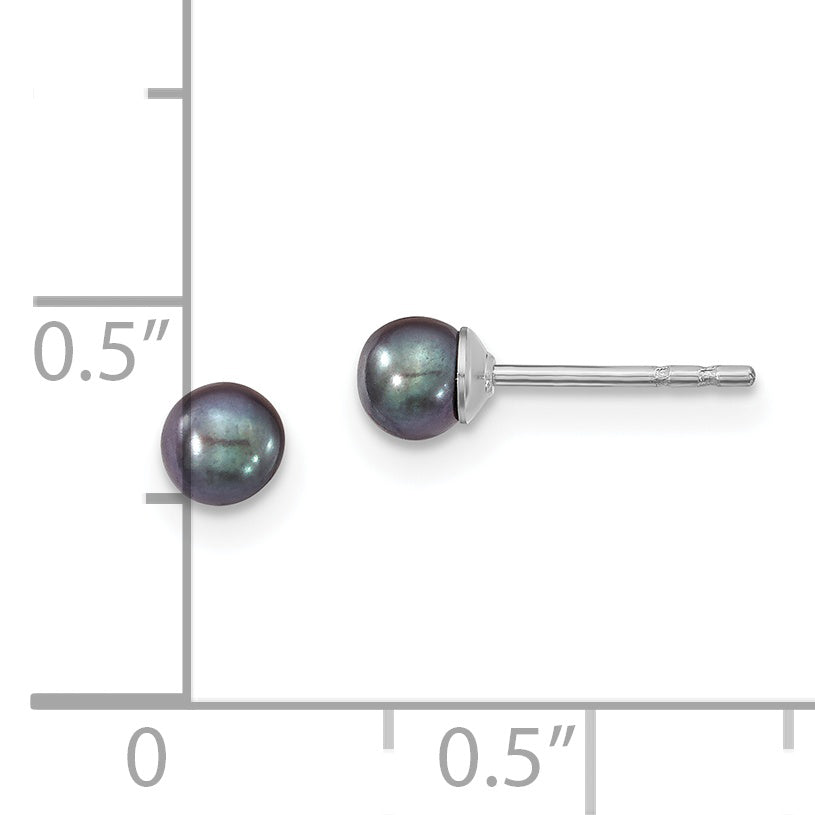 Sterling Silver Rhodium-plated 3-4mm Black Round Freshwater Cultured Pearl Post Earrings
