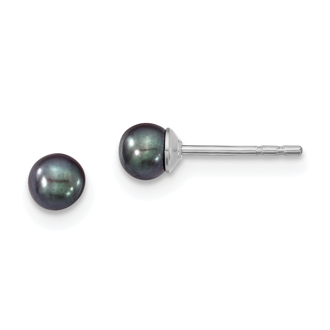 Sterling Silver Rhodium-plated 3-4mm Black Round Freshwater Cultured Pearl Post Earrings
