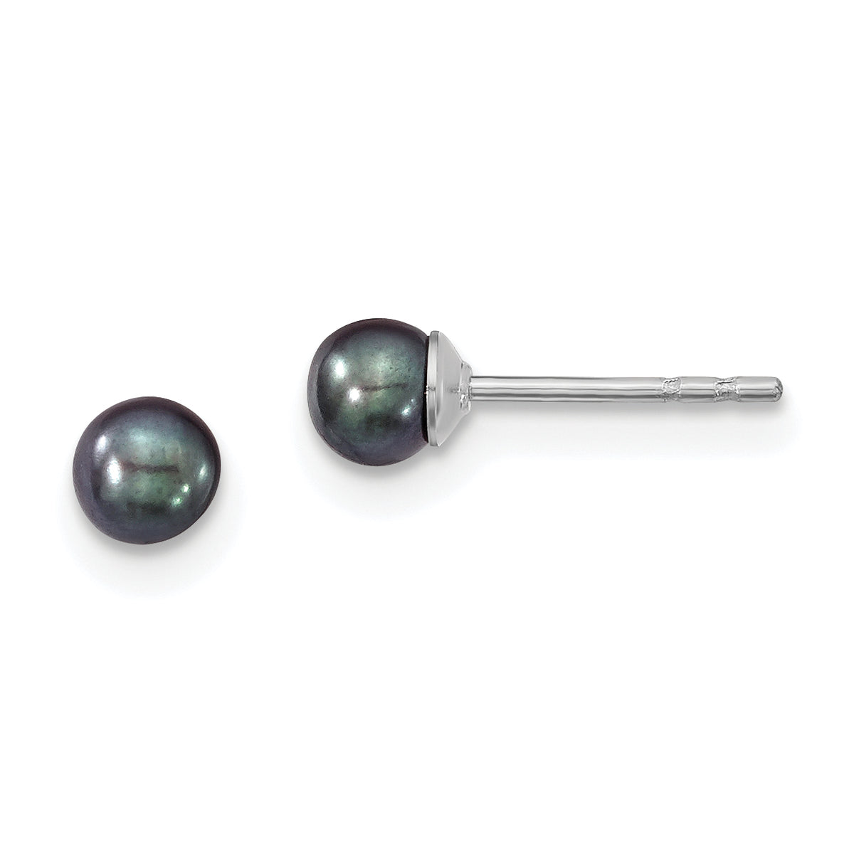 Sterling Silver Rhodium-plated 3-4mm Black Round Freshwater Cultured Pearl Post Earrings