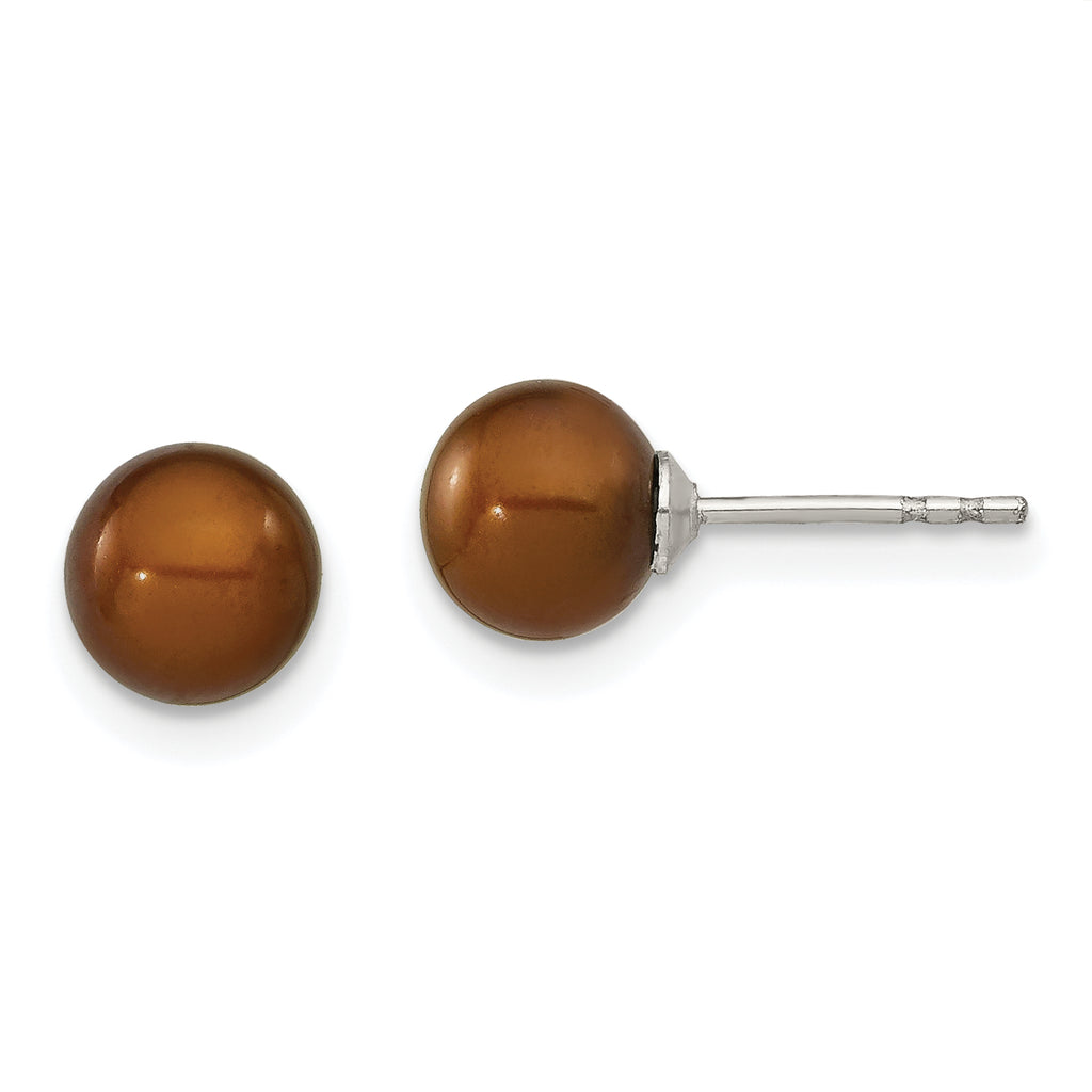 Sterling Silver Rhodium-Plated 6-7mm Brown Freshwater Cultured Pearl Stud Earrings