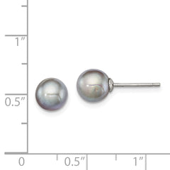 Sterling Silver Rhodium-plated 7-8mm Grey Round Freshwater Cultured Pearl Post Earrings