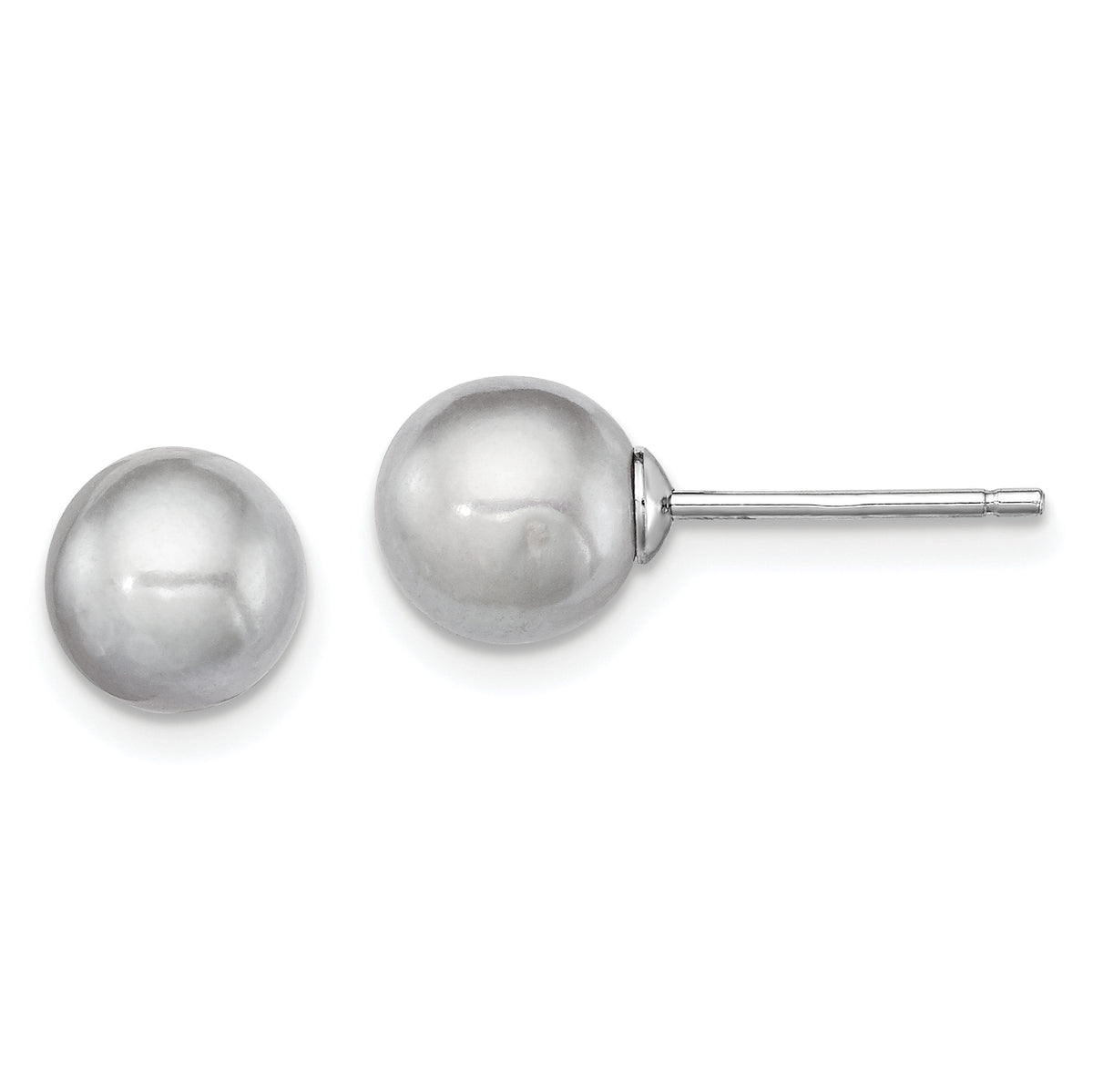 Sterling Silver Rhodium-plated 7-8mm Grey Round Freshwater Cultured Pearl Post Earrings