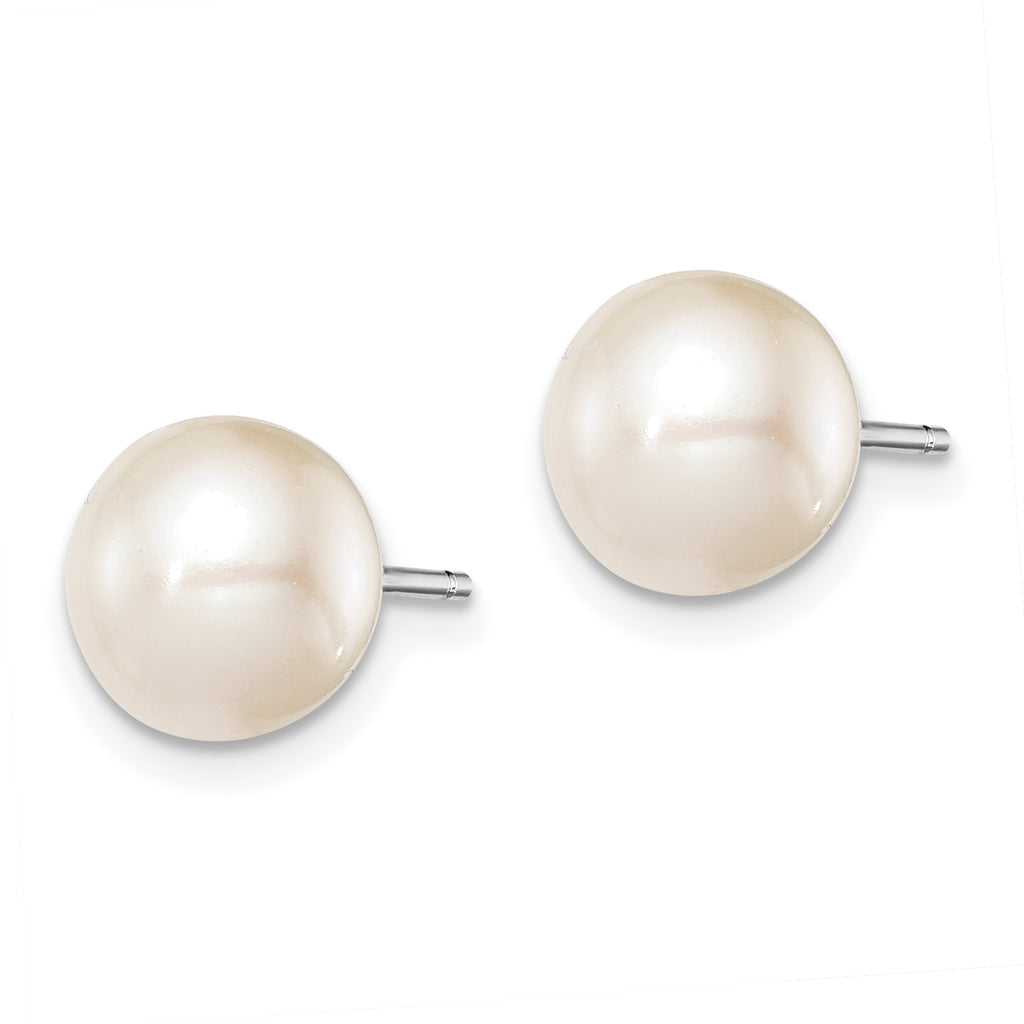 Sterling Silver Rhodium-plated 8-9mm White Round Freshwater Cultured Pearl Post Earrings
