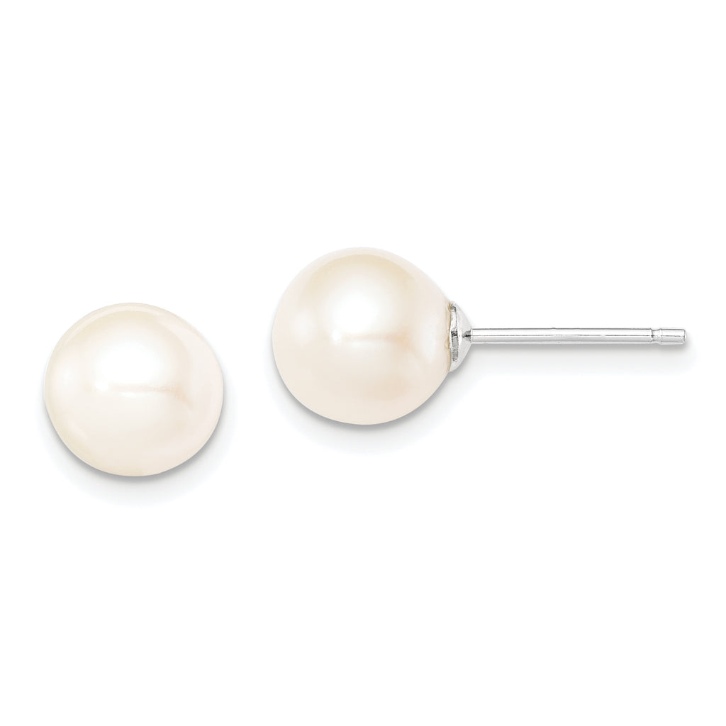 Sterling Silver Rhodium-plated 8-9mm White Round Freshwater Cultured Pearl Post Earrings