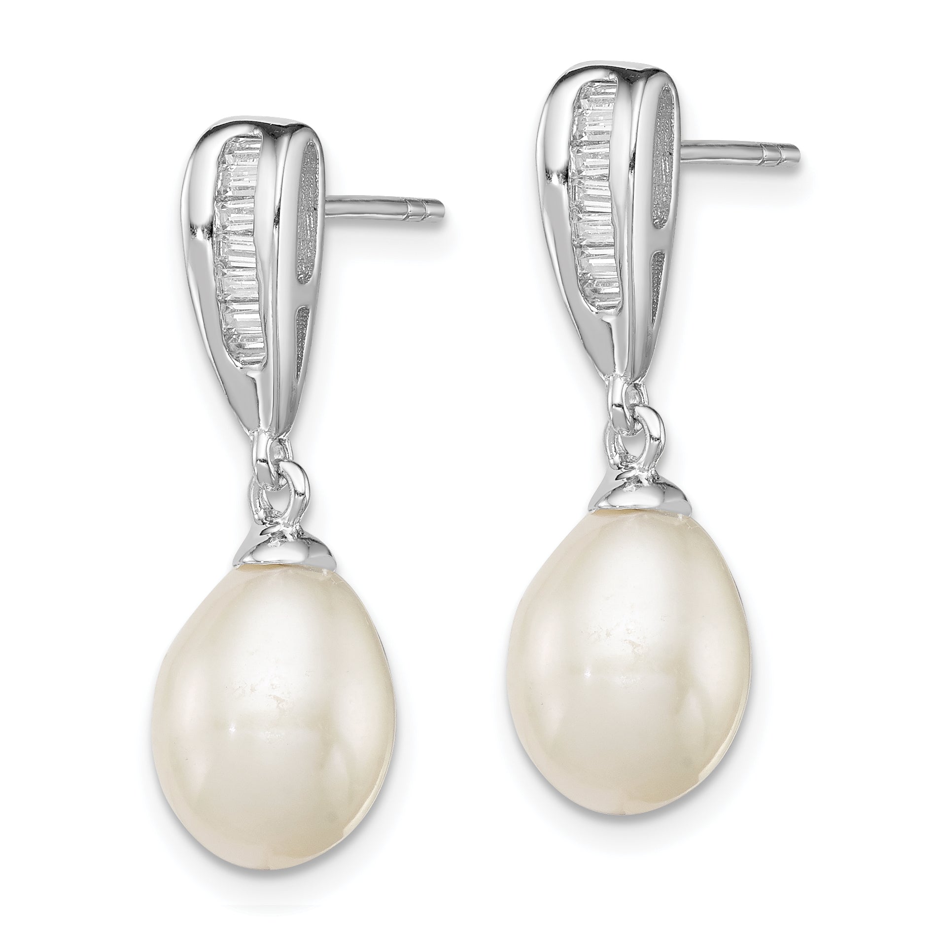Sterling Silver Rhodium-plated 7-8mm White Rice Freshwater Cultured Pearl and CZ Post Dangle Earrings Secondary image