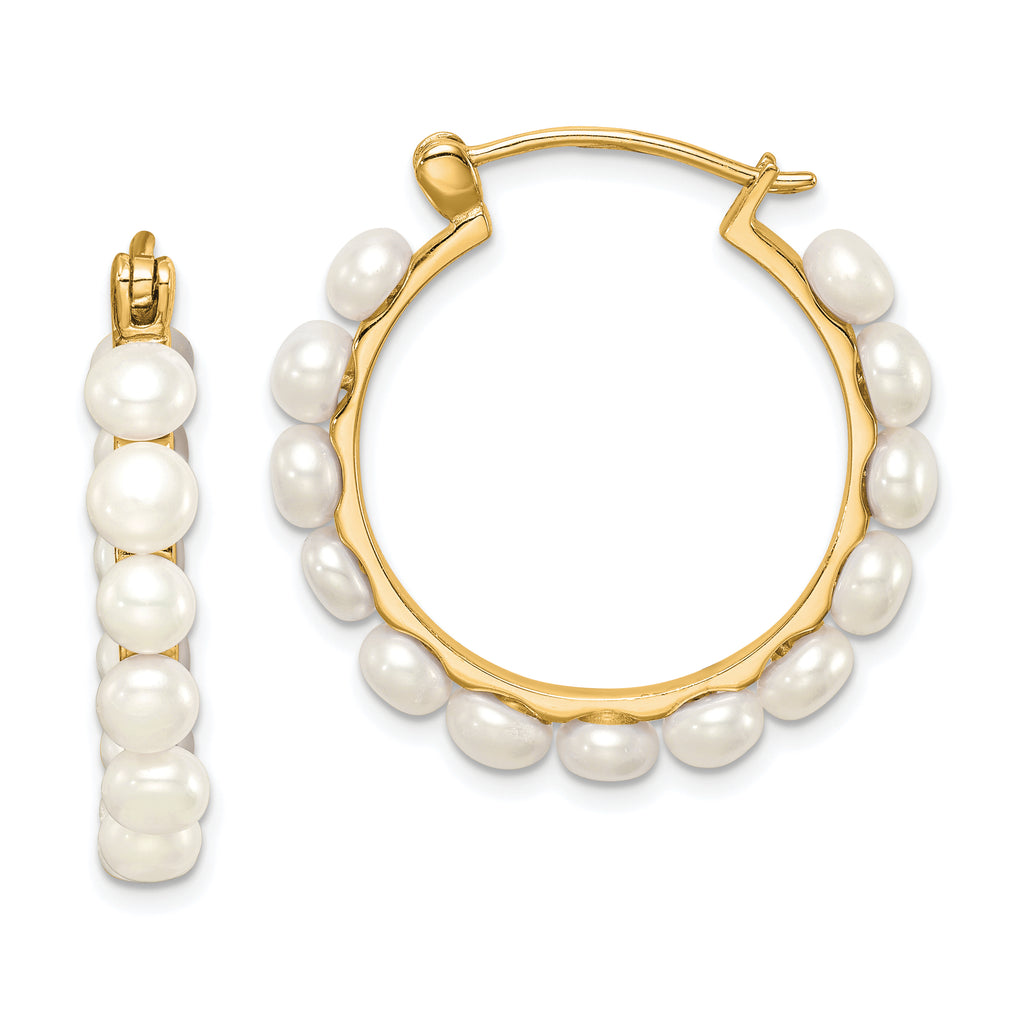 Sterling Silver Gold-plated 4-5mm White Button Freshwater Cultured Pearl Hoop Earrings
