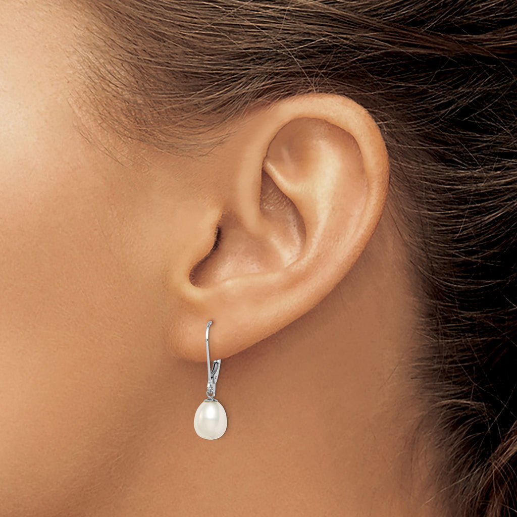 White Freshwater Pearl Dangle Leverback Earrings in Sterling Silver, 7-8mm - Sophia Jewelers
