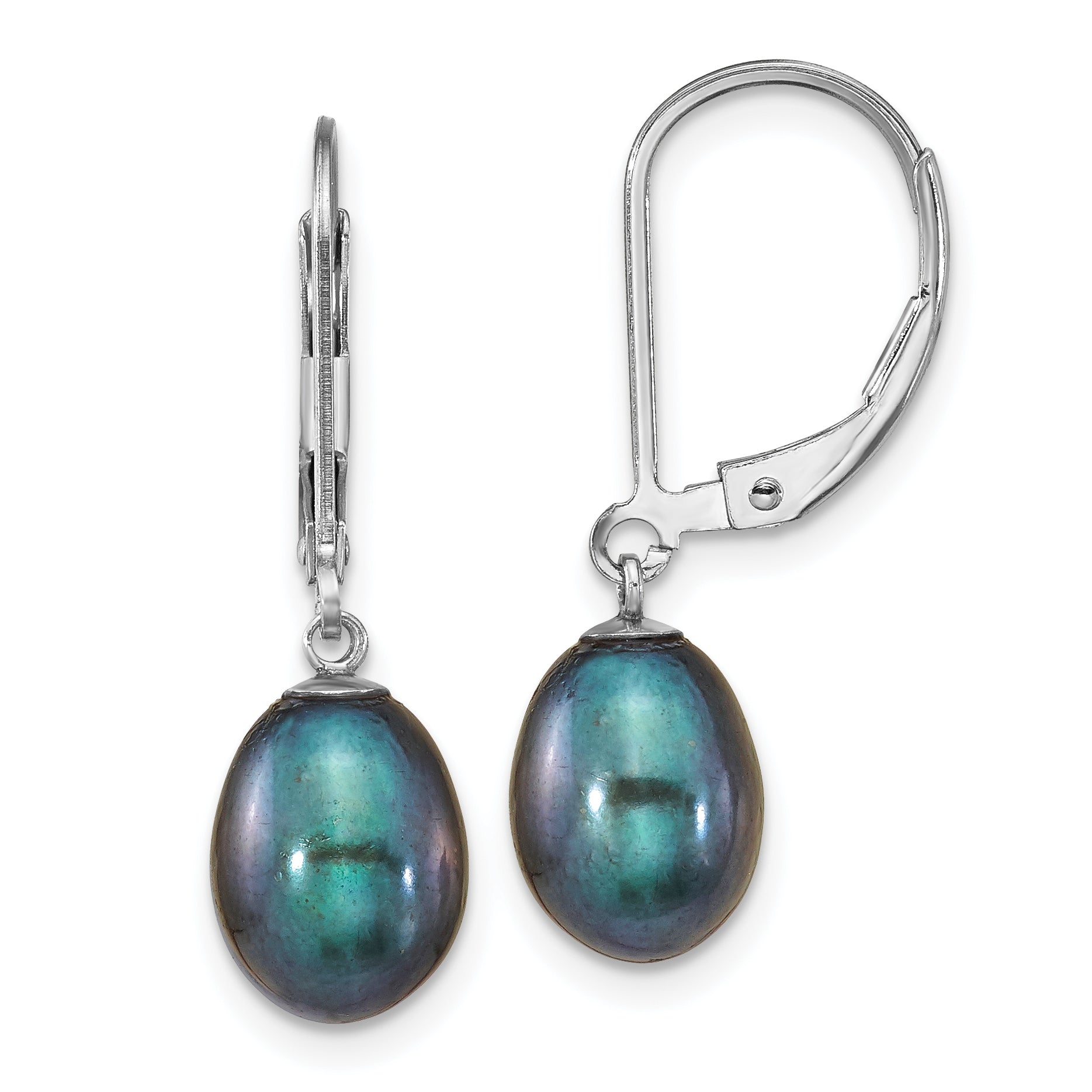 Sterling Silver Rhodium-plated 7-8mm Black Teardrop Freshwater Cultured Pearl Leverback Dangle Earrings Main image