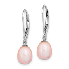 Sterling Silver Rhodium-plated 7-8mm Pink Teardrop Freshwater Cultured Pearl Leverback Dangle Earrings