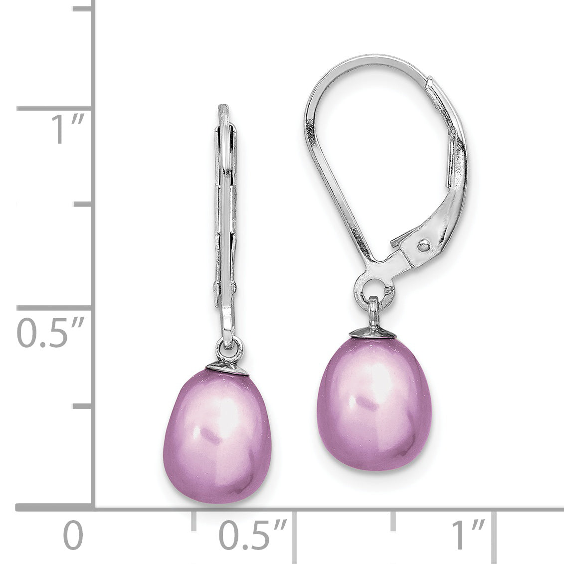 Sterling Silver Rhodium-plated 7-8mm Purple Teardrop Freshwater Cultured Pearl Leverback Dangle Earrings