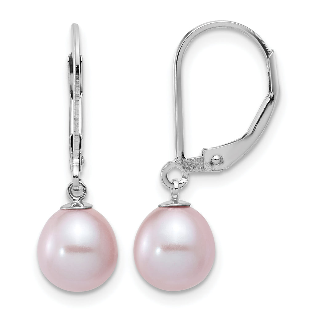 Sterling Silver Rhodium-plated 7-8mm Purple Teardrop Freshwater Cultured Pearl Leverback Dangle Earrings