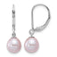 Sterling Silver Rhodium-plated 7-8mm Purple Teardrop Freshwater Cultured Pearl Leverback Dangle Earrings