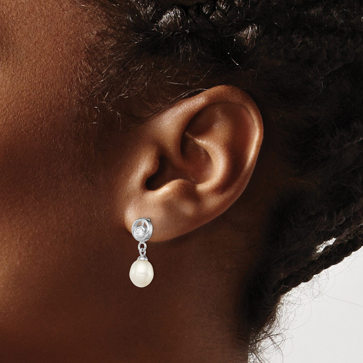 Freshwater Pearl & Cubic Zirconia Stud Dangle Earrings in Sterling Silver, 8x21mm - Sophia Jewelers