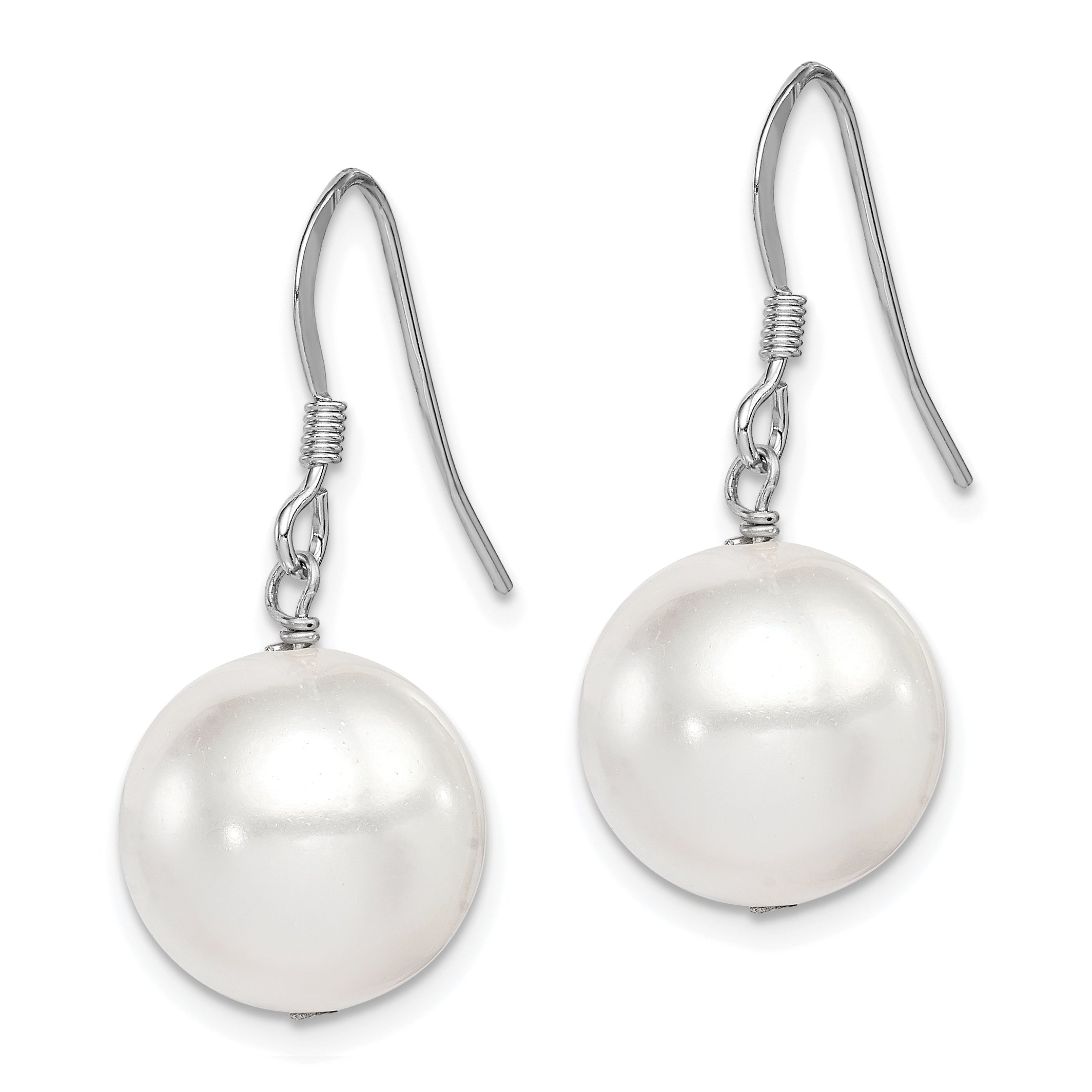 Sterling Silver Rhodium-plated 12-13mm White Round Shell Bead Dangle Earrings Secondary image
