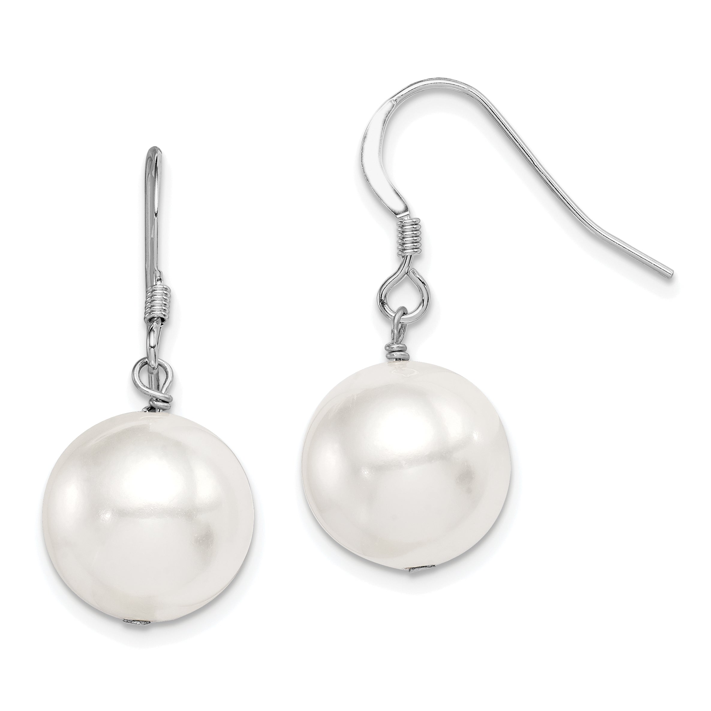 Sterling Silver Rhodium-plated 12-13mm White Round Shell Bead Dangle Earrings Main image