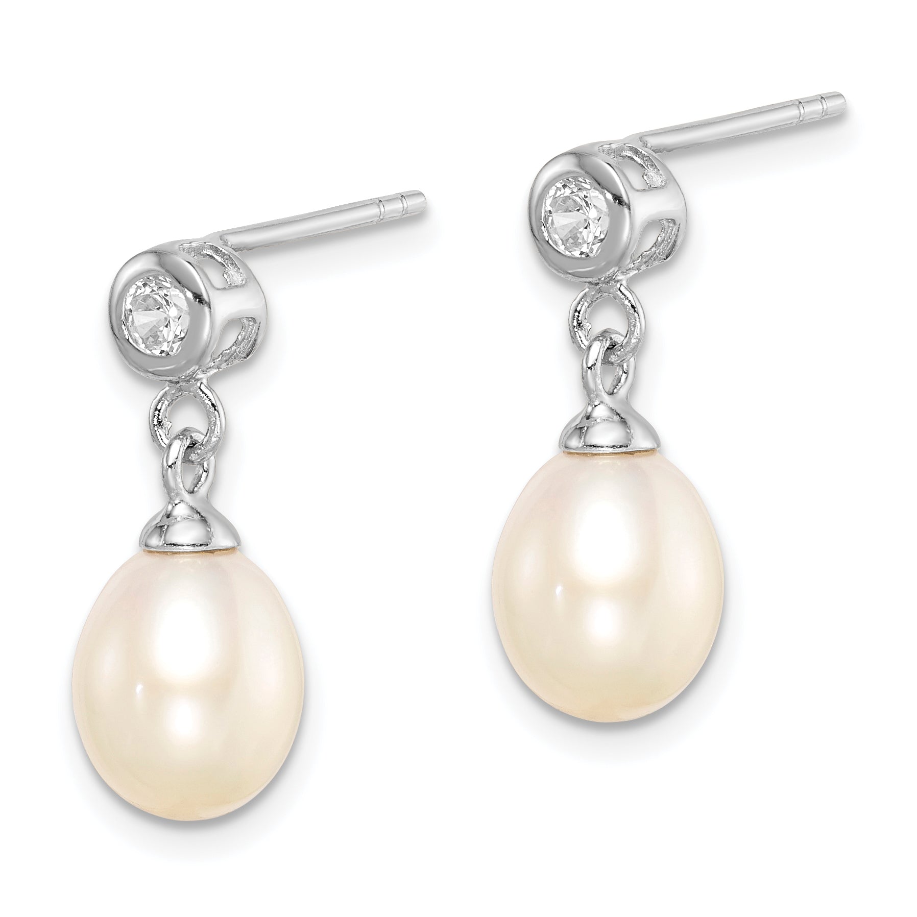 Sterling Silver Rhodium-plated 7-8mm White Rice Freshwater Cultured Pearl and CZ Post Dangle Earrings Secondary image