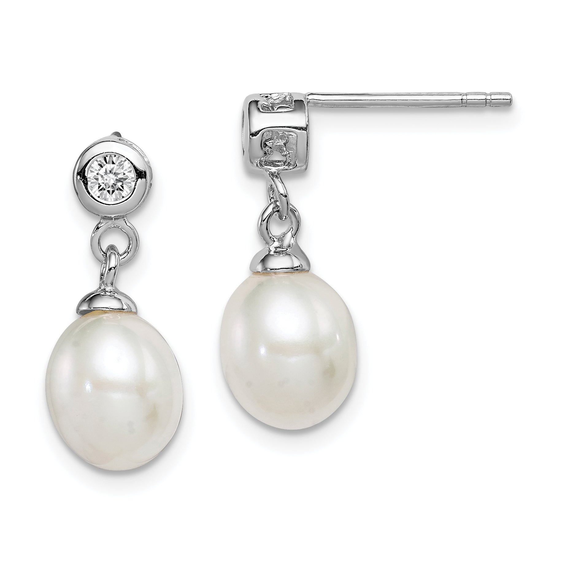 Sterling Silver Rhodium-plated 7-8mm White Rice Freshwater Cultured Pearl and CZ Post Dangle Earrings Main image