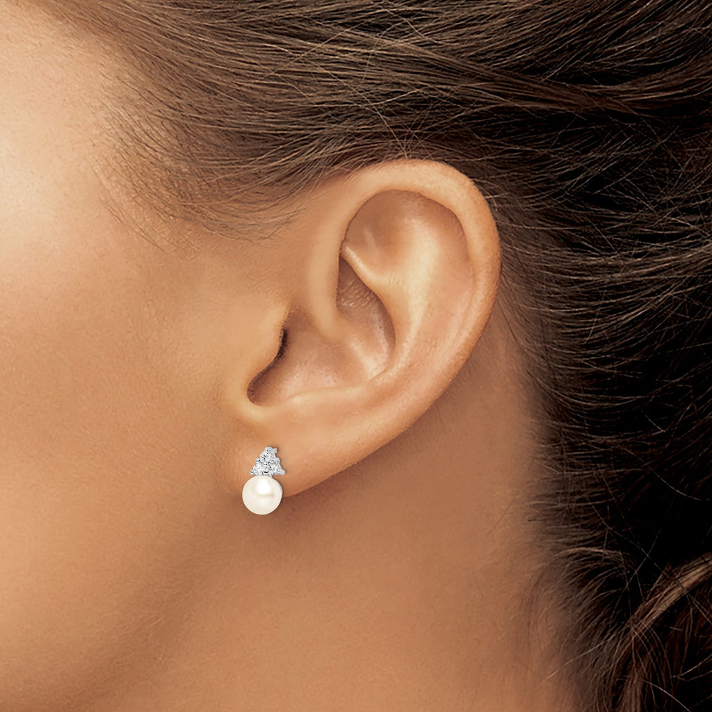 White Freshwater Pearl Cubic Zirconia Stud Earrings in Sterling Silver, 6x11mm - Sophia Jewelers