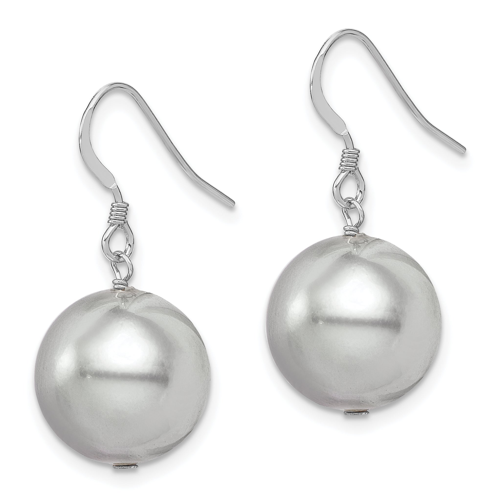 Sterling Silver Rhodium-plated 14-15mm Grey Round Shell Pearl Dangle Earrings Secondary image
