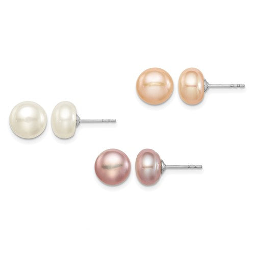 Button Freshwater Pearl Post Earrings Set in Sterling Silver, 8-9mm - Sophia Jewelers