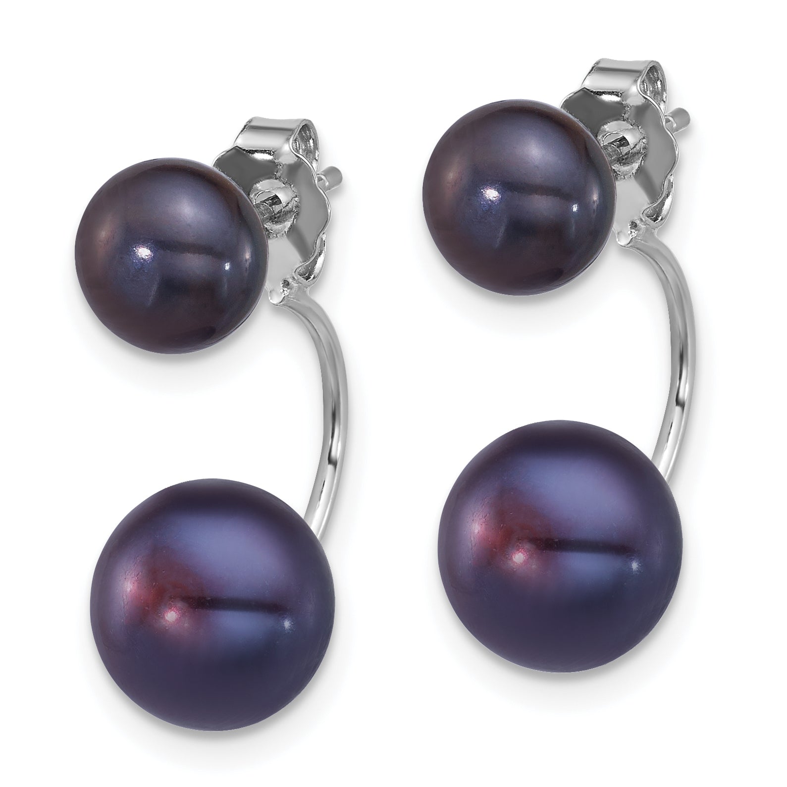 Sterling Silver Rhodium-plated 5-6mm and 8-9mm Black Button Freshwater Cultured Pearl Front and Back Post Dangle Earrings Secondary image
