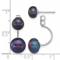 Sterling Silver Rhodium-plated 5-6mm and 8-9mm Black Button Freshwater Cultured Pearl Front and Back Post Dangle Earrings