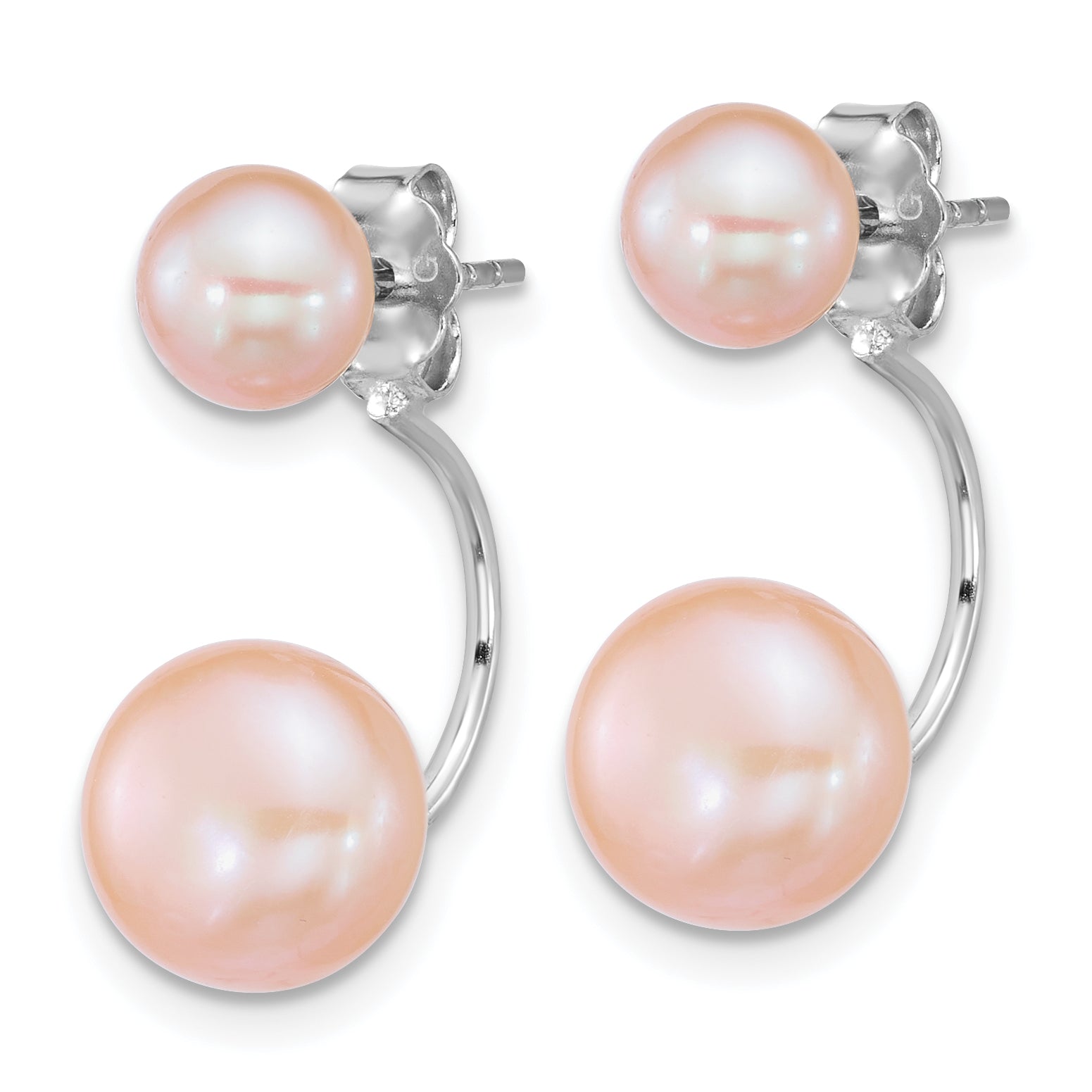 Sterling Silver Rhodium-plated 5-6mm and 8-9mm Pink Button Freshwater Cultured Pearl Front and Back Post Dangle Earrings Secondary image
