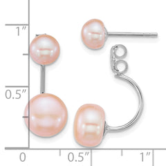 Sterling Silver Rhodium-plated 5-6mm and 8-9mm Pink Button Freshwater Cultured Pearl Front and Back Post Dangle Earrings
