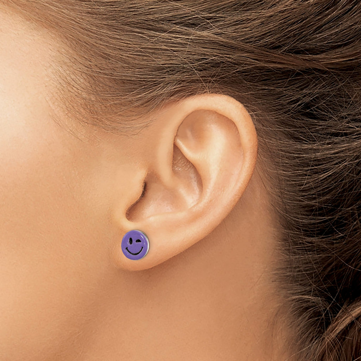 Purple Enamel Winking Smiley Face Stud Earrings in Sterling Silver - Sophia Jewelers