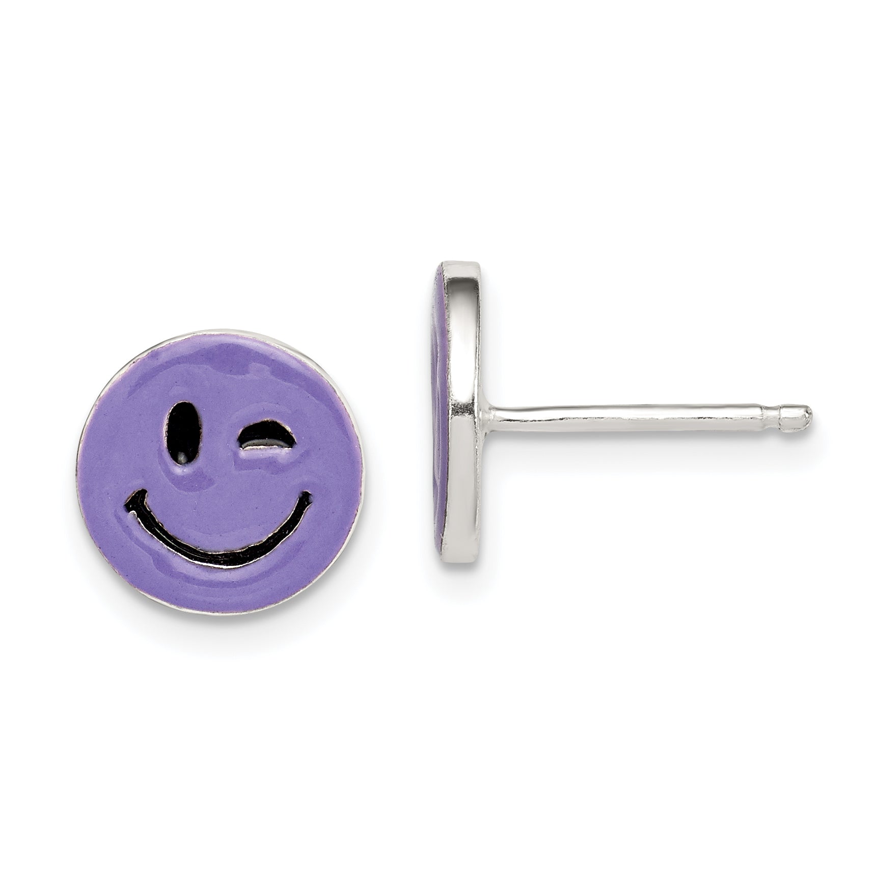 Sterling Silver Purple Enamel Winking Smiley Face Post Earrings Main image