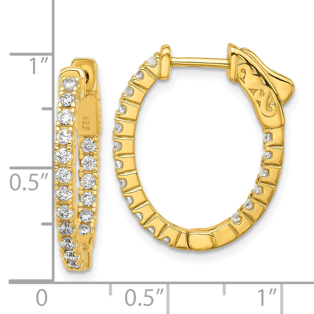 Sterling Shimmer Sterling Silver Gold-tone Flash Gold-plated 1.7mm CZ 36 Stone Oval In and Out Hinged Hoop Earrings