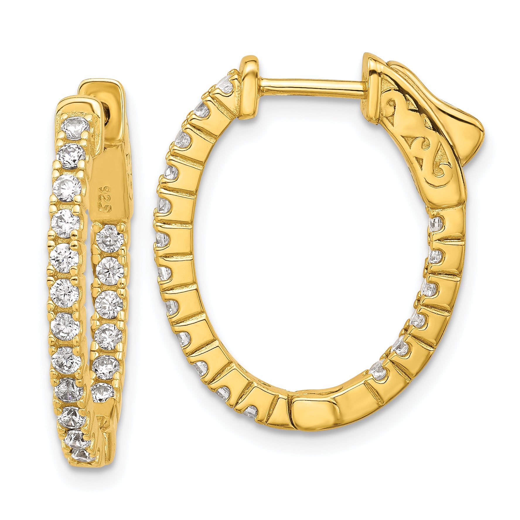 Sterling Shimmer Sterling Silver Gold-tone Flash Gold-plated 1.7mm CZ 36 Stone Oval In and Out Hinged Hoop Earrings Main image