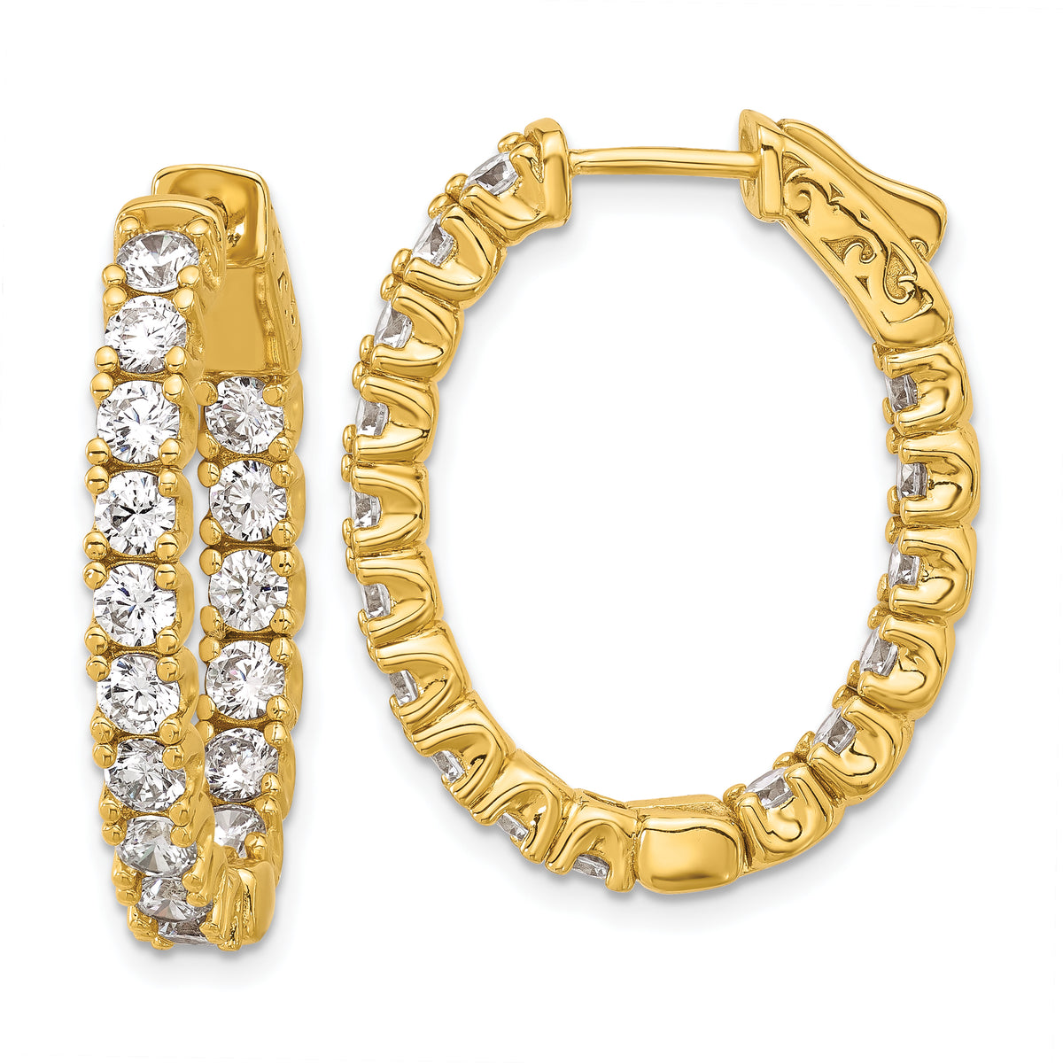 Sterling Shimmer Sterling Silver Gold-tone Flash Gold-plated 3mm CZ 32 Stone Oval In and Out Hinged Hoop Earrings