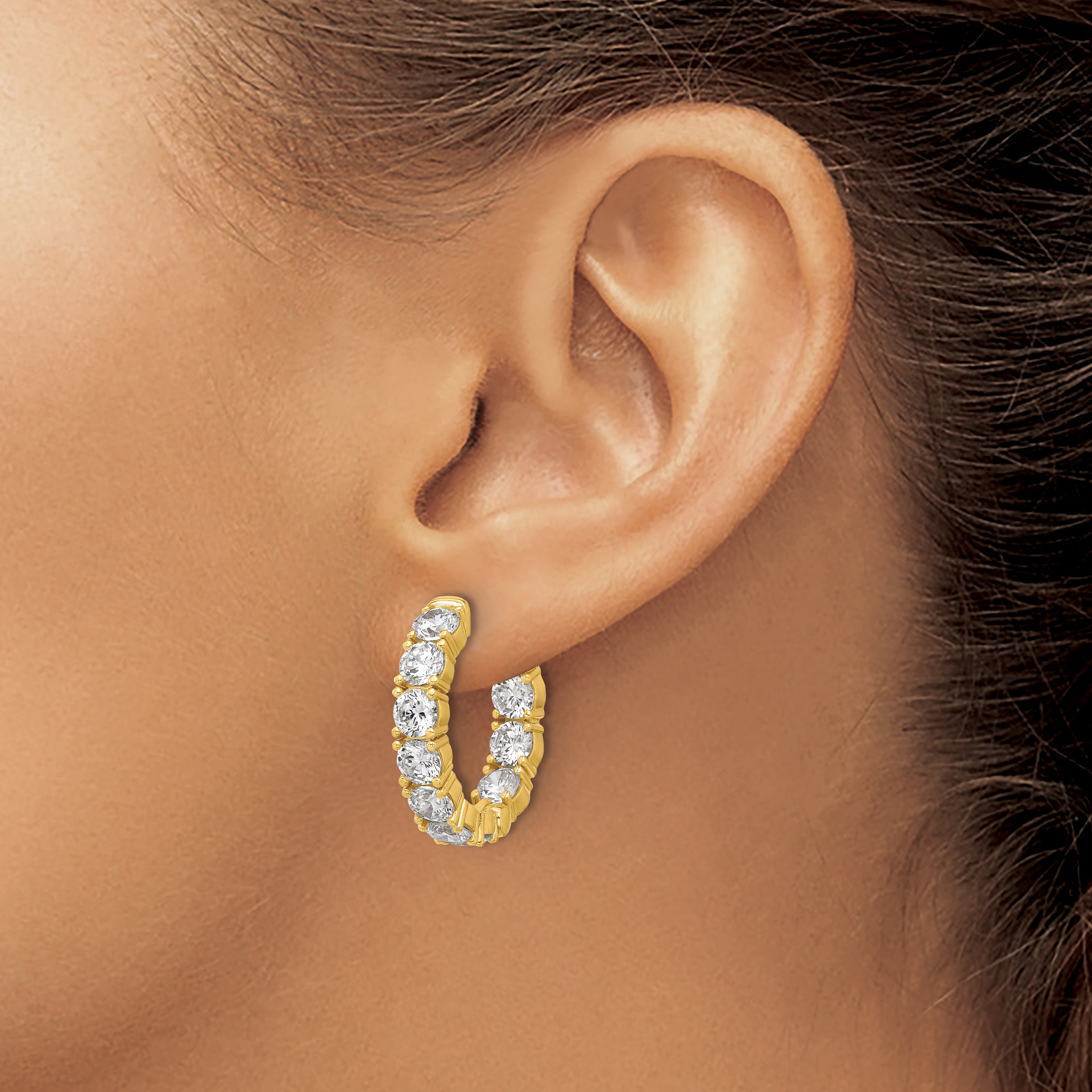 Sterling Shimmer Sterling Silver Gold-tone Flash Gold-plated 4.25mm CZ 20 Stone In and Out Hinged Hoop Earrings