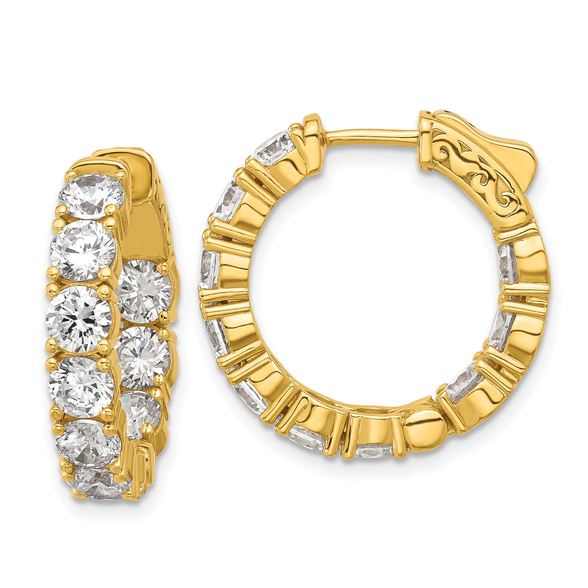 Sterling Shimmer Sterling Silver Gold-tone Flash Gold-plated 4.25mm CZ 20 Stone In and Out Hinged Hoop Earrings