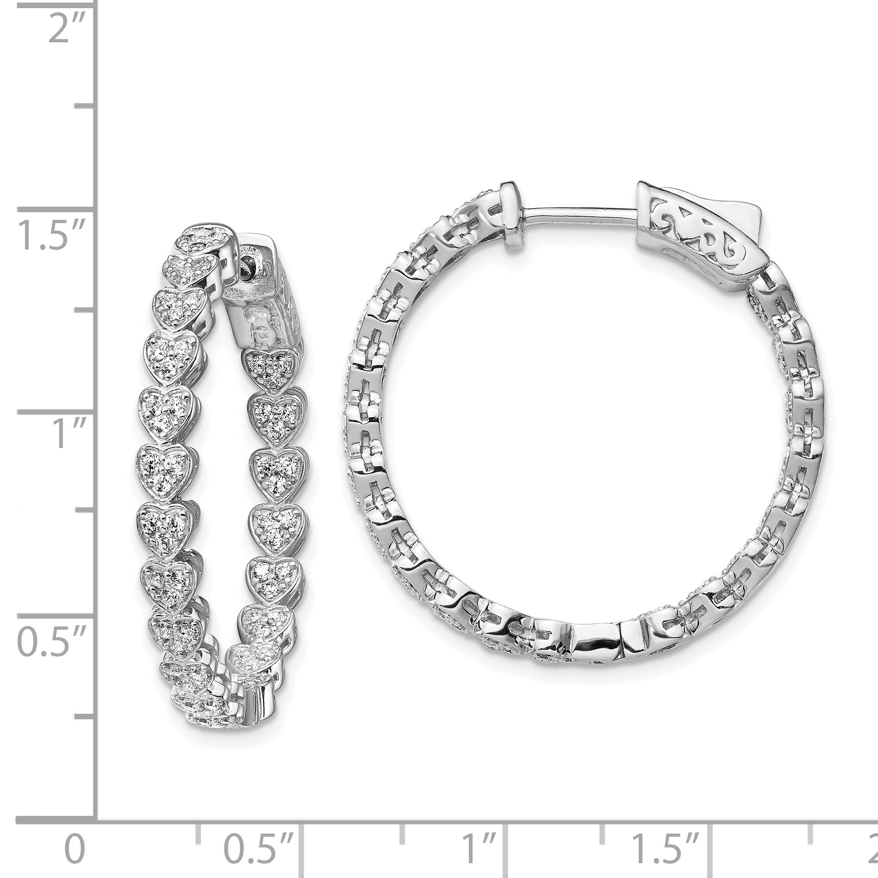 Sterling Shimmer Sterling Silver Rhodium-plated 120 Stone Heart Shaped 1.2mm CZ In and Out Round Hinged Hoop Earrings