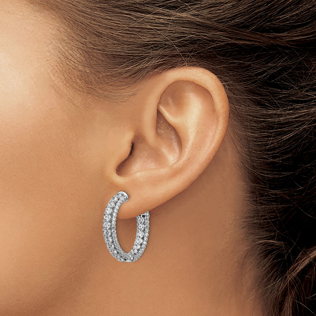 Stone Round Cubic Zirconia Out Hoop Earrings in Sterling Silver, 602mm Hinged - Sophia Jewelers