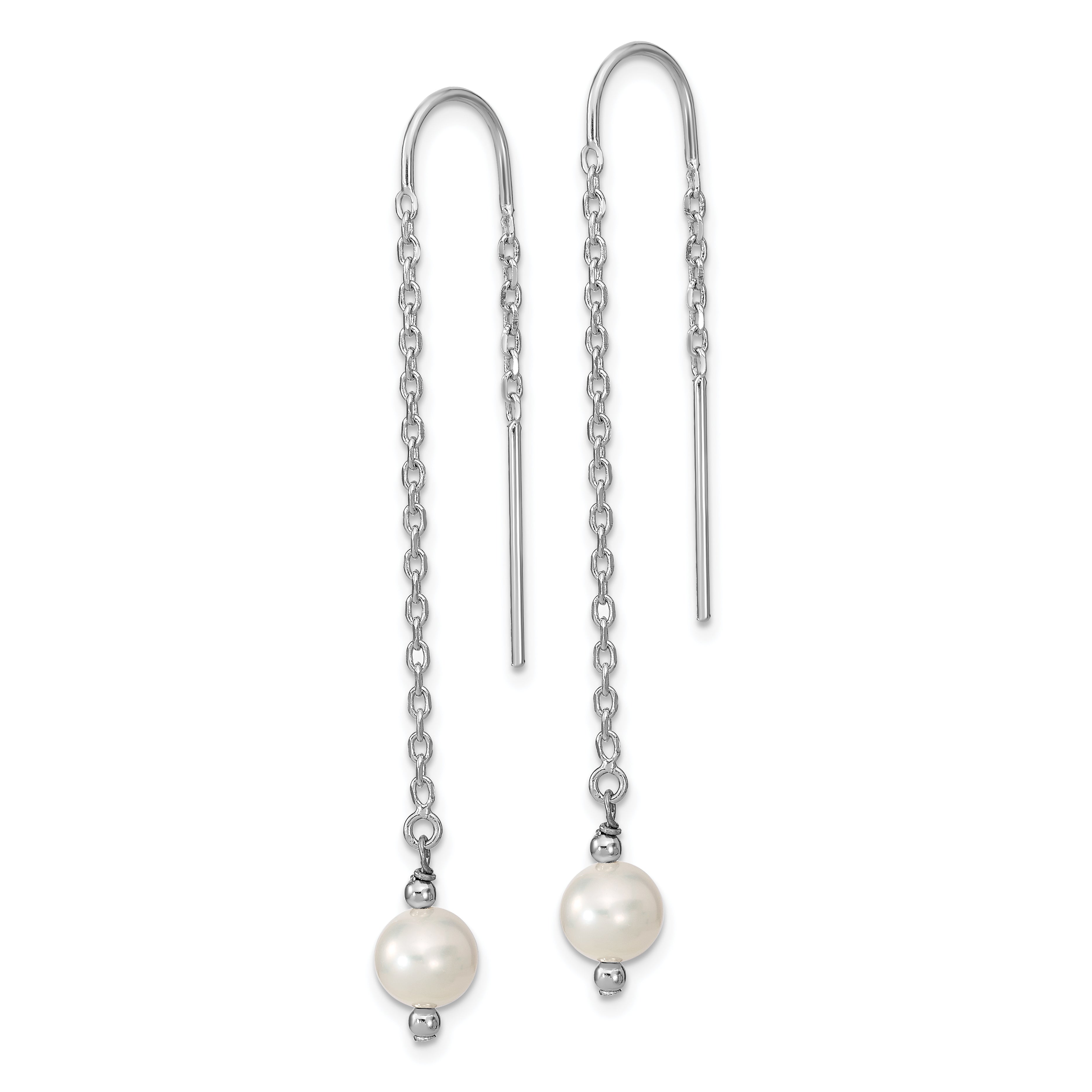 Sterling Silver Rhodium-plated 6-7mm White Semi-Round Freshwater Cultured Pearl Threader Earrings Secondary image