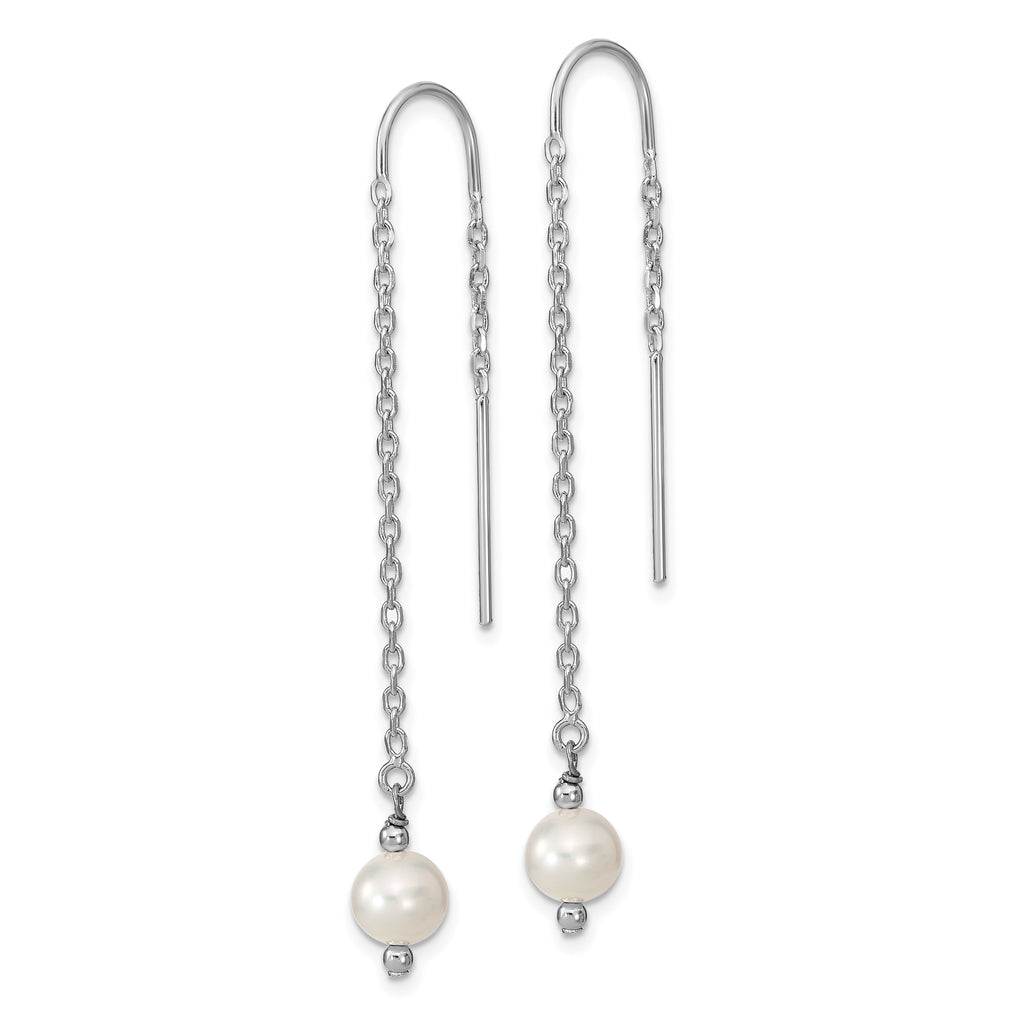 Sterling Silver Rhodium-plated 6-7mm White Semi-Round Freshwater Cultured Pearl Threader Earrings