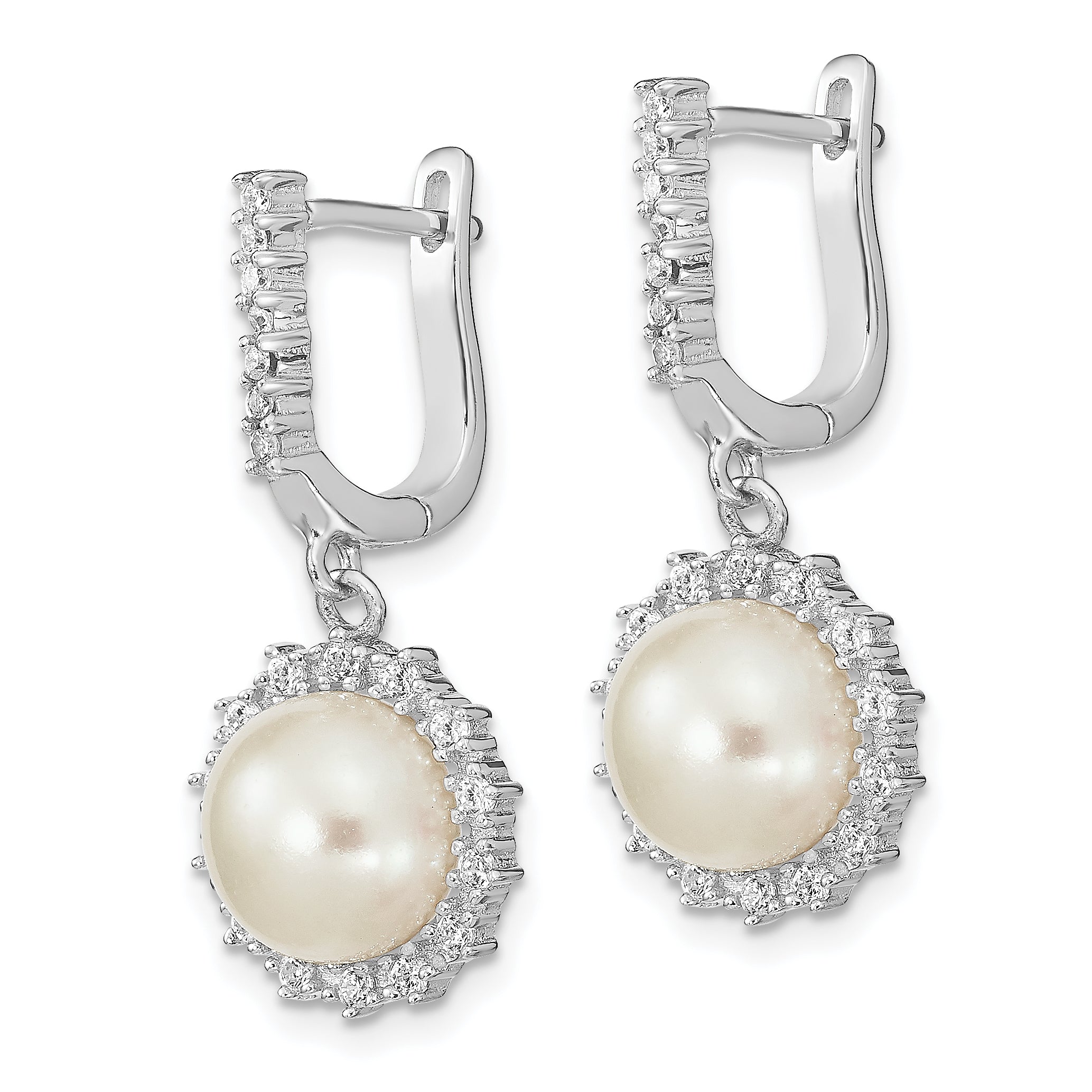 Sterling Silver Rhodium-plated 8-9mm Button FWC Pearl Hoop Dangle Earrings Secondary image