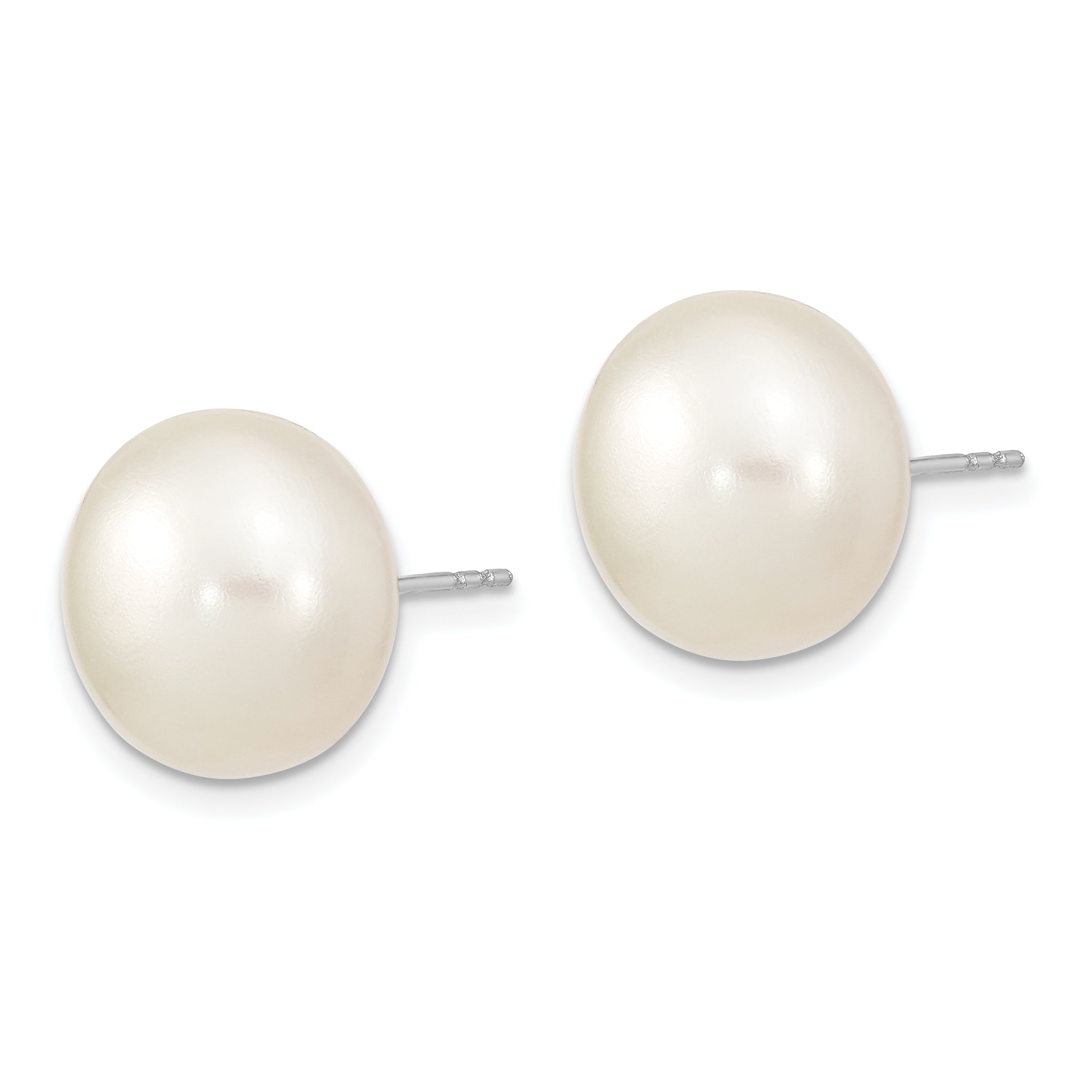 Sterling Silver Rhodium-plated 13-14mm White Button Freshwater Cultured Pearl Post Earrings
