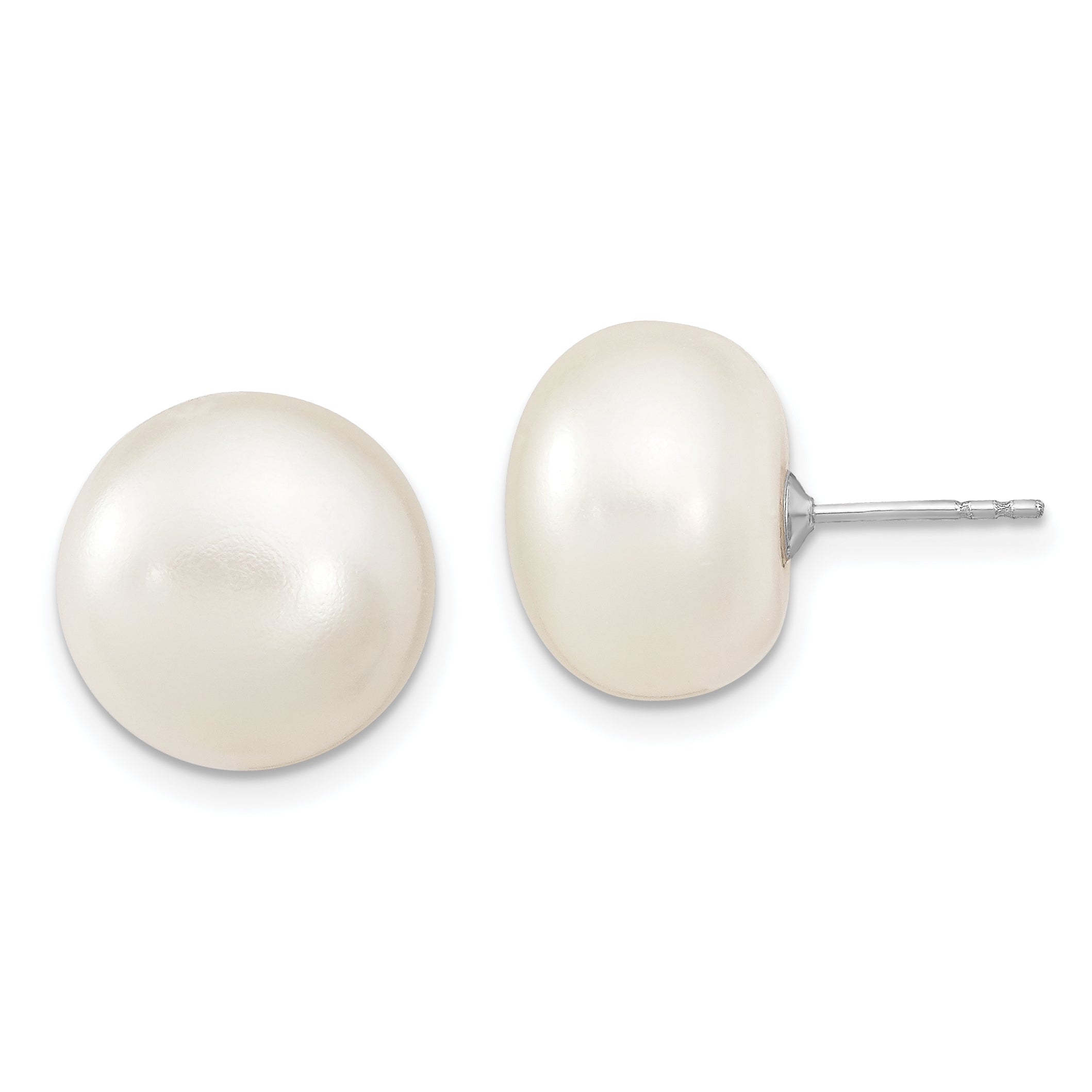 Sterling Silver Rhodium-plated 13-14mm White Button Freshwater Cultured Pearl Post Earrings